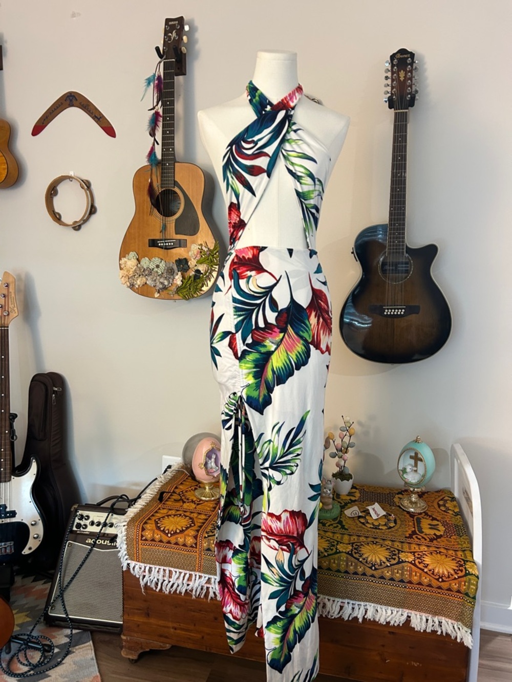 Tropical Halter Maxi Dress in White with Vibrant Floral Print